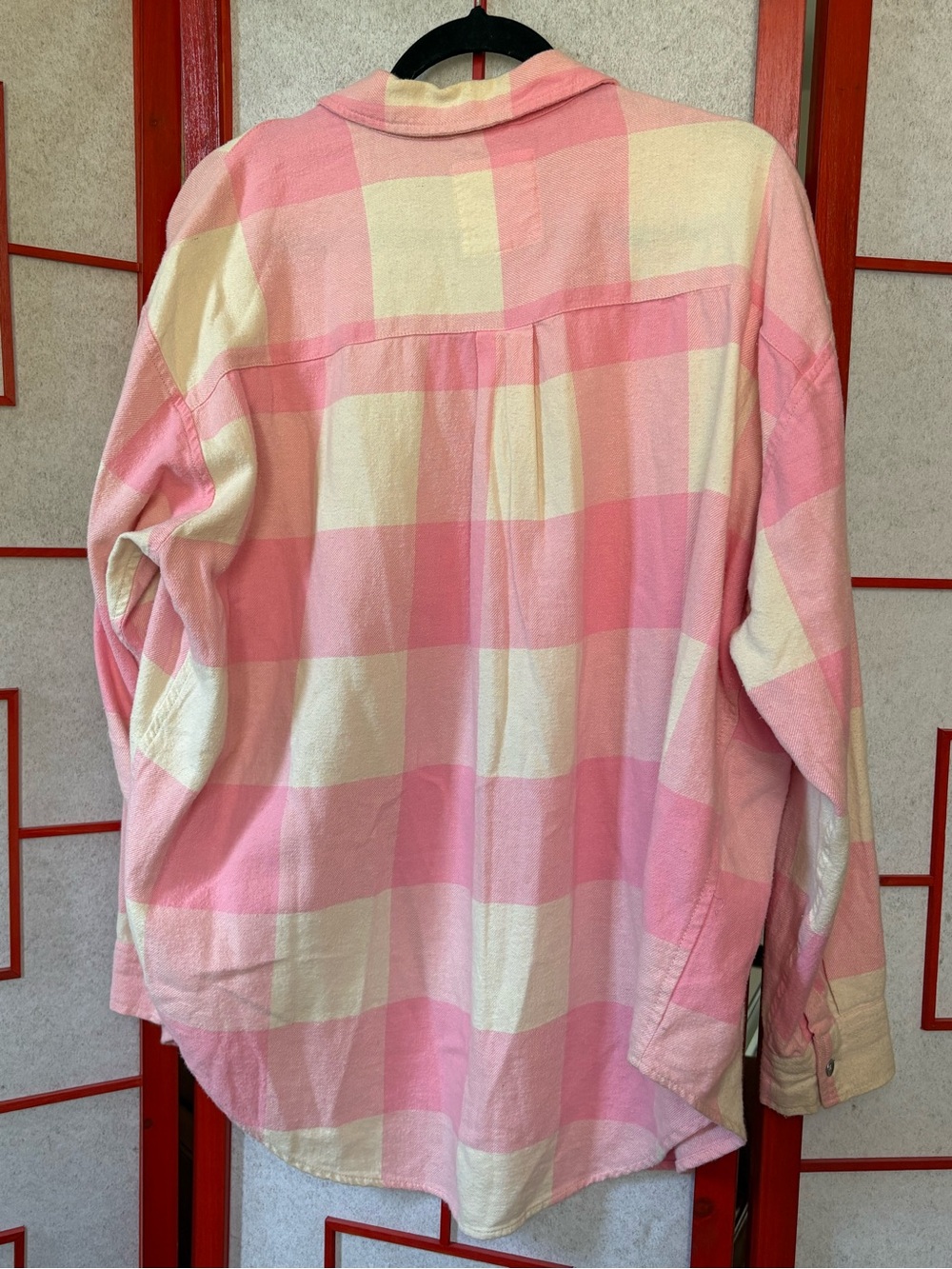 Aerie Oversized Pink and Cream Buffalo Plaid Flannel - Picture 3 of 6
